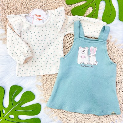 Conj. Blusa Bolinhas e Salopete Best Friends - Off White e Verde